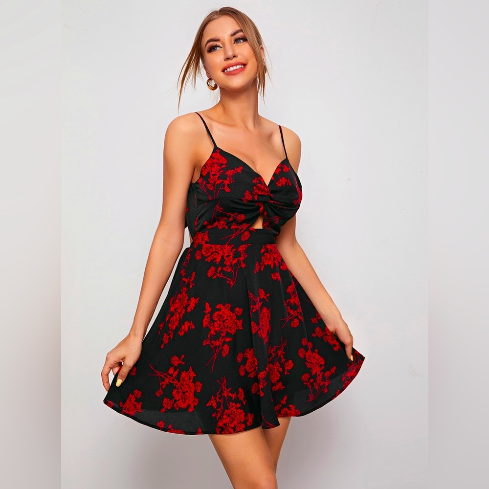 Black and Red Floral Dress (L) 8/10